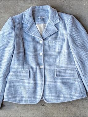 Ganni Pastel Blue Plaid Tailored Blazer